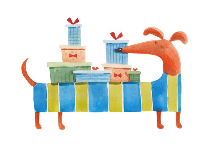 Sticker Teckel met geschenken