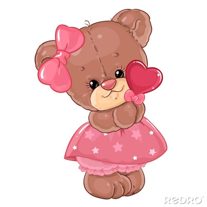 Sticker Teddy bear girl with heart lollipop. Cute children's character.
