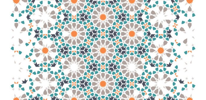 Sticker Tegel herhalende vectorgrens. Geometrisch halftoonpatroon met kleurrijke arabeske desintegratie