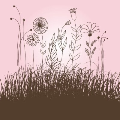 Sticker Tekening van bloemen op een roze achtergrond