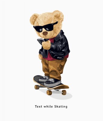 Sticker text while skating slogan with fashion bear doll standing on skateboard illustration