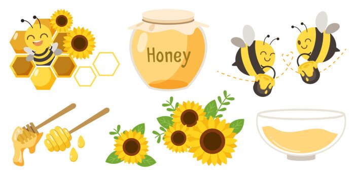 Sticker The collection of cute character of cute bee with beehive and honey jar and honey spoon and sunflower in flat vector style.Graphic resource about bee for graphic,content , banner, sticker label.