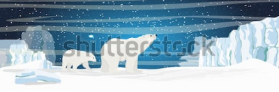 Sticker The white bear and her cub bear walks through the snow. Mother and child. The glacier, snow-covered plains. Starry night in the North. Landscapes of the Arctic.