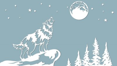 Sticker The wolf howls at the moon. Vector illustration. Paper wolf sticker. Laser cut. Template for laser cutting and Plotter. Vector illustration. Sticker. Pattern for the laser cut, serigraphy, plotter and