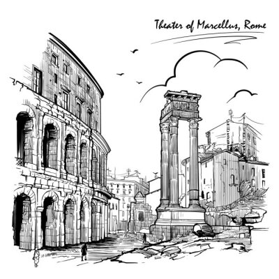 Sticker Theater of Marcellus and portico of Octavia in Rome, Italy. Engraving style sketch. Vintage design. Travel sketchbook drawing. EPS10 vector illustration.