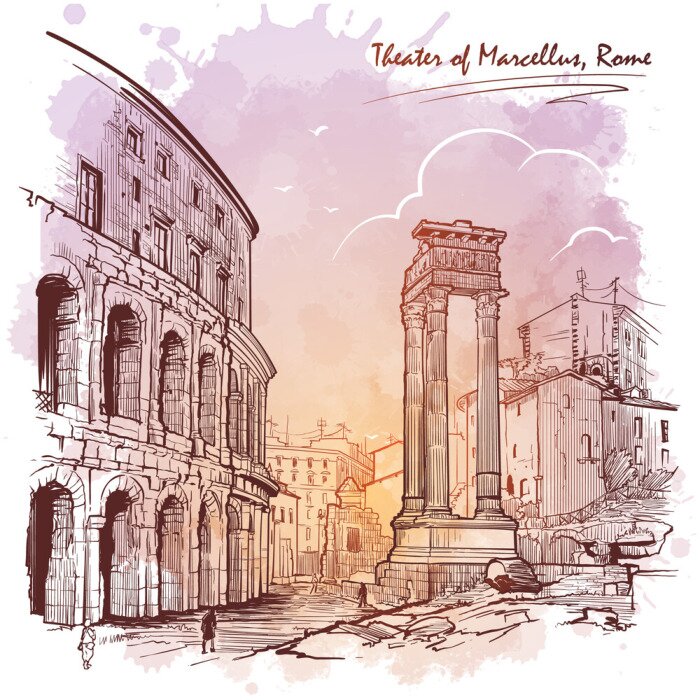 Sticker Theater of Marcellus and portico of Octavia in Rome, Italy. Monochrome linear drawing isolated on a textured grunge watercolor background. Vintage design. Travel sketchbook drawing. EPS10 vector