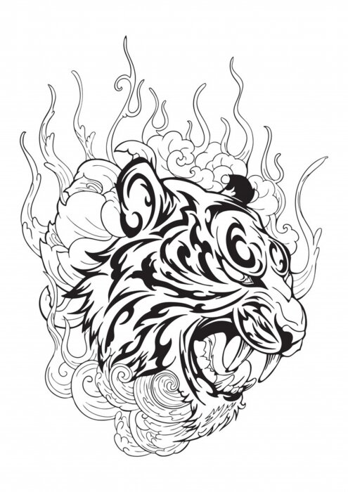 Sticker Tiger head in roar with lotus flower decorate with cloud or smoke design with oriental  Japanese tattoo style vector 