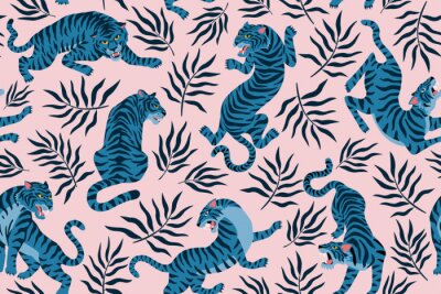 Behang Tigers and tropical leaves. Trendy illustration. Abstract contemporary seamless pattern.