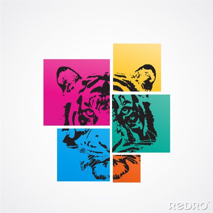 Sticker Tijgerkop in gekleurde vierkanten