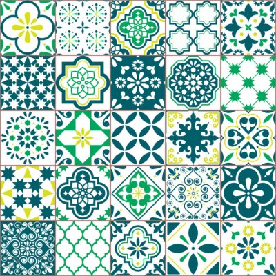 Behang Tile vector pattern - Azulejo Lisbon retro old tiles mosaic, Portuguese seamless green design