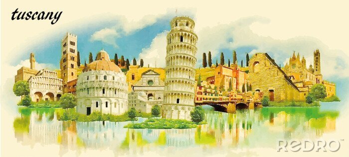 Sticker Toscane Plaats aquarel panoramisch vector illustratie