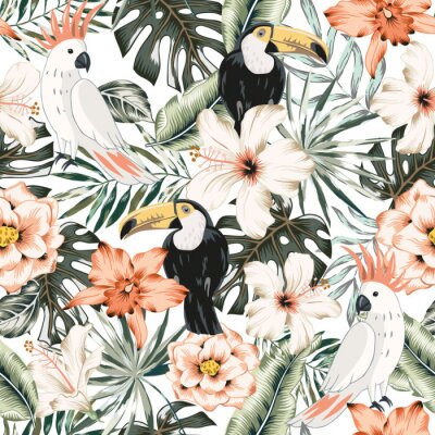 Toucans, parrots, hibiscus, orchid flowers, monstera palm leaves, white background. Vector floral seamless pattern. Tropical illustratioExotic plants, birds. Summer beach design. Paradise nature