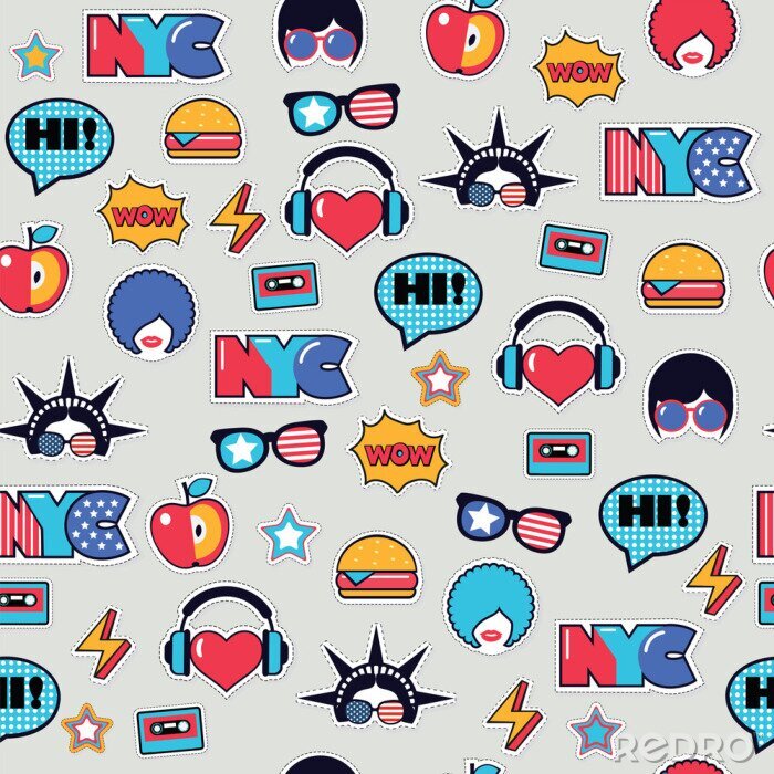Sticker trendy pop-art naadloze Amerikaanse patroon met patches en stickers