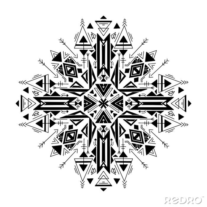 Sticker Tribal geometric mandala. Black native ornament on a white background. Mystical pattern. Vector folk pattern for cards, stickers, scrapbooking decoration and your creativity.