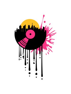 Sticker tropfen graffiti spritzer sonne club vinyl stadt city silhouette wolkenkratzer hochhäuser großstadt musik party auflegen platte spielen tanzen disko mischpult cool logo design dj discjockey