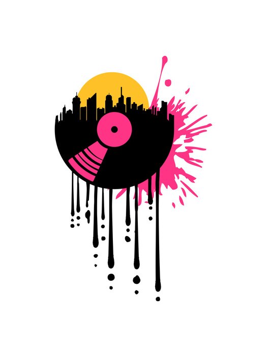 Sticker tropfen graffiti spritzer sonne club vinyl stadt city silhouette wolkenkratzer hochhäuser großstadt musik party auflegen platte spielen tanzen disko mischpult cool logo design dj discjockey