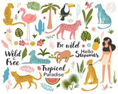 Sticker Tropical exotic set with leaf, leopards, parrot, toucan, palm tree and quotes. Wild animals and birds. Summer vector illustration.