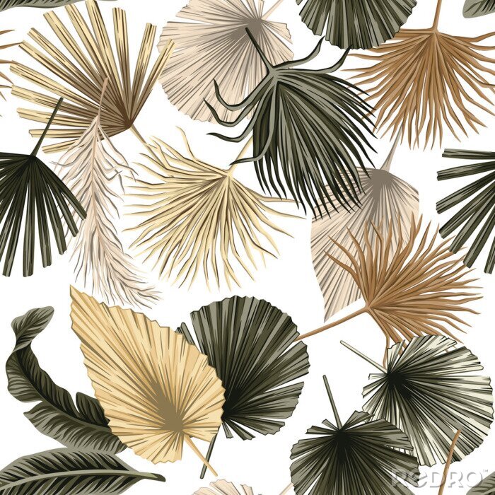 Sticker Tropical floral dried palm leaves seamless pattern white background. Exotic jungle wallpaper.