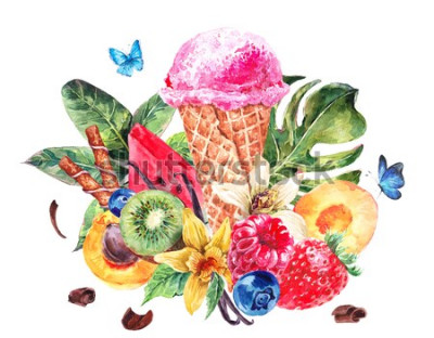 Sticker Tropical hand painting summer watercolor natural eco food background with fruits, soft Italian fruit ice cream, summer nature exotic sale card