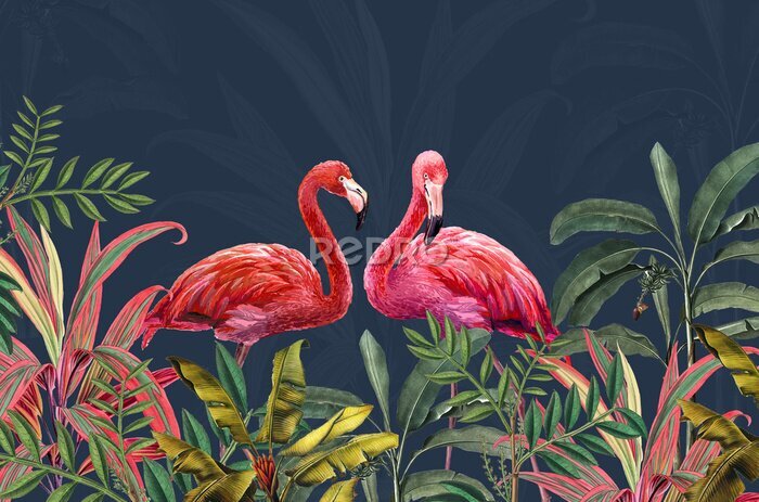 Sticker Tropical Leaf Mural. Photo Wallpaper. Wall Art decor for Bedroom Murals Wall Paper. Drawing with tropical leaves and pink flamingos.