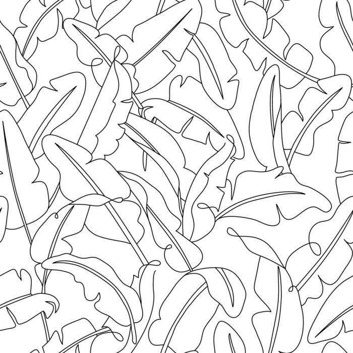 Sticker Tropical leaves seamless pattern. Hand drawn outline banana leaf background. Modern line art, aesthetic contour. Vector illustration, black and white design    