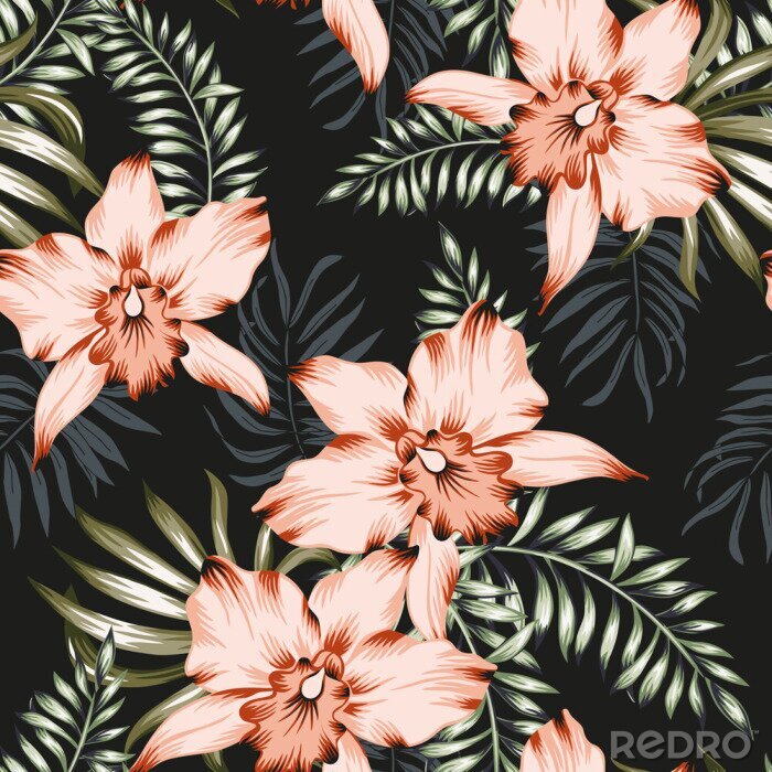 Sticker Tropical orchid flowers and palm leaves bouquets, black background. Vector seamless pattern. Jungle foliage illustration. Exotic plants. Summer beach floral design. Paradise nature