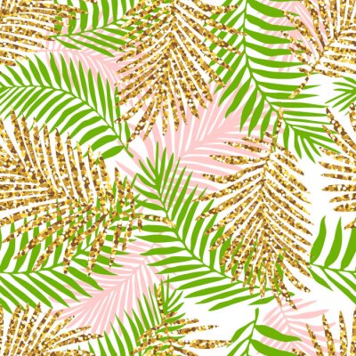 Sticker Tropisch naadloos patroon met monstera en palmbladeren en gouden glitter textuur. Vector illustratie