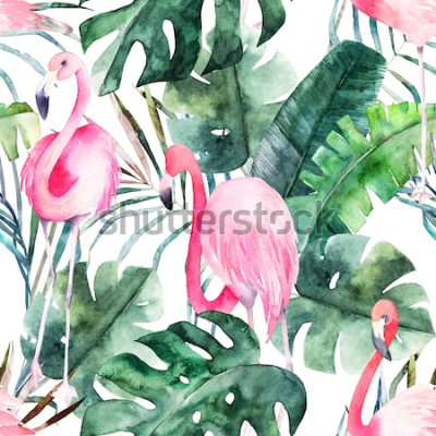Sticker Tropisch naadloze patroon met flamingo en bladeren. Aquarel zomerprint. Exotische hand getrokken illustratie