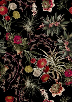 Behang Tropisch struikgewas met bloemen