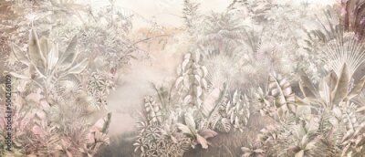 Tropische bomen en bladeren in een mistig bos