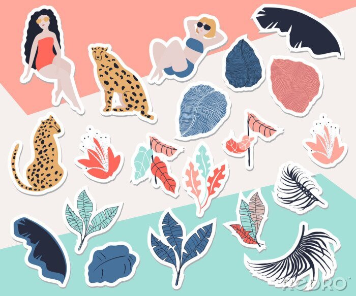 Sticker Tropische meisjes met collectie Cheetah-stickers. Zomerparadijs in tropische oerwouden met een wild dier, een mooi meisje en fantastische bloemen.