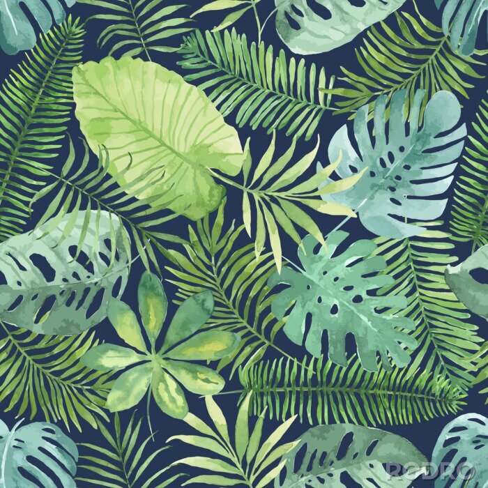 Sticker Tropische naadloze patroon met bladeren. Aquarel achtergrond met tropische bladeren.