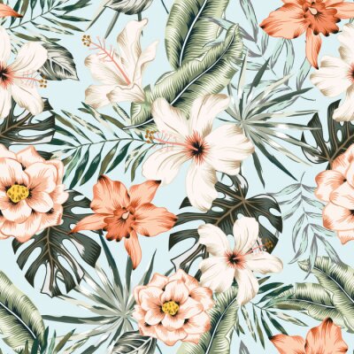 Tropische pastelkleurige bloemen en bladeren