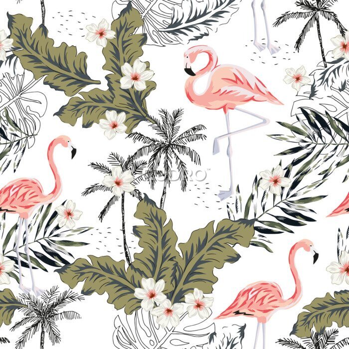 Sticker Tropische roze flamingovogels, plumeriabloemen, palmbladen, bomen witte achtergrond. Vector naadloos patroon. Grafische illustratie. Exotische jungleplanten. Zomer strand bloemdessin. Paradijs natuur