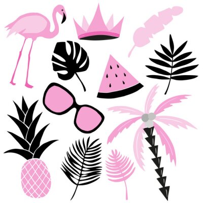Sticker Tropische set in roze en zwarte kleuren. Flamingo, watermeloen, palm, bladeren. Vector collectie.