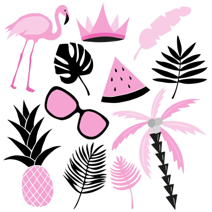 Sticker Tropische set in roze en zwarte kleuren. Flamingo, watermeloen, palm, bladeren. Vector collectie.