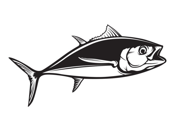 Sticker Tuna big fishing logo illustration. Tuna fish fishing vector emblem. Blue fin fish marine theme. Angry fish.