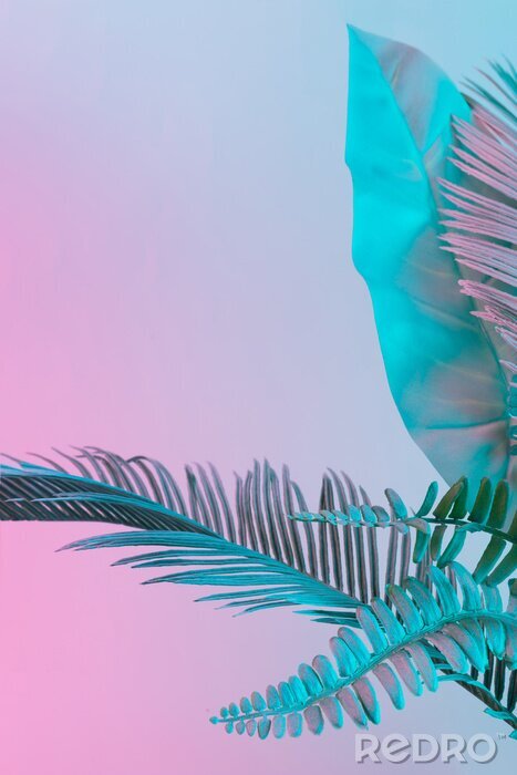 Sticker Turquoise tropische bladeren op een roze achtergrond