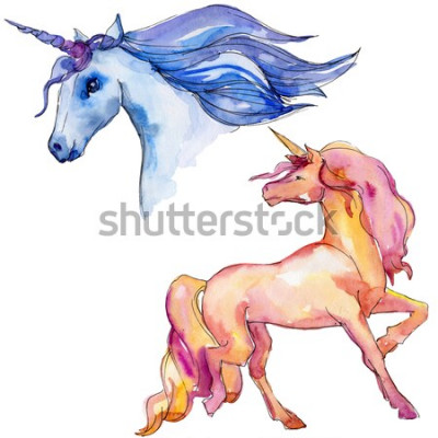 Sticker Twee kleurrijke eenhoorns aquarel tekeningen