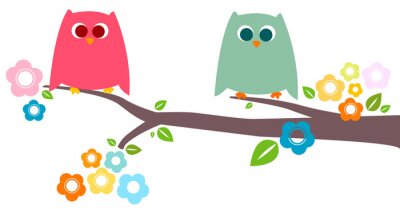 Sticker Twee kleurrijke uilen op een bloemrijke tak