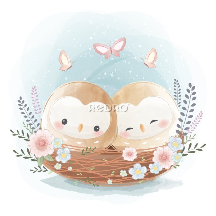 Sticker Twee schattige uilen in nest op aquarel achtergrond