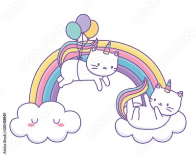 Sticker Twee witte katten en een regenboog