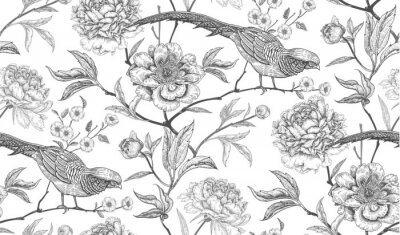 Sticker Tweekleurige afbeeldingen met vogels op bloemen