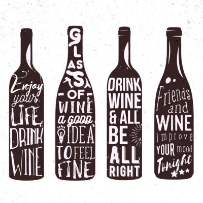 Sticker Typografie set van wijnfles silhouet met belettering. Vector handschrift illustratie ontworpen voor reclame bar of pub menu, prenten, poster, banner en labels creaties.