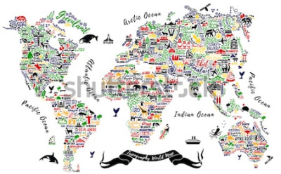 Sticker Typografie Wereldkaart. Reisposter met steden en bezienswaardigheden. Inspirerende vectorillustratie.