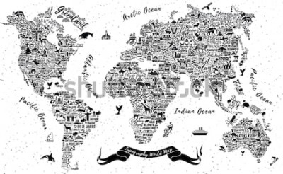 Sticker Typography World Map. Travel  Poster with cities and sightseeing attractions. Inspirational Vector Illustration.