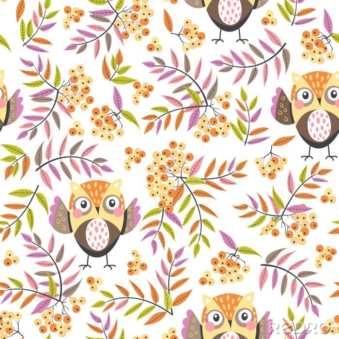 Sticker Uilen en herfstbladeren