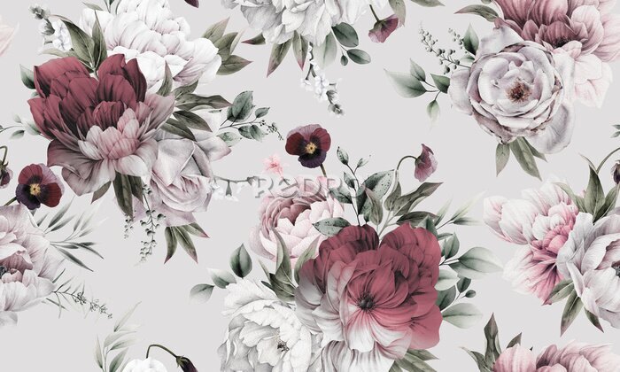 Sticker Uiterst kleine boeketten van pioenrozen op een grijze achtergrond