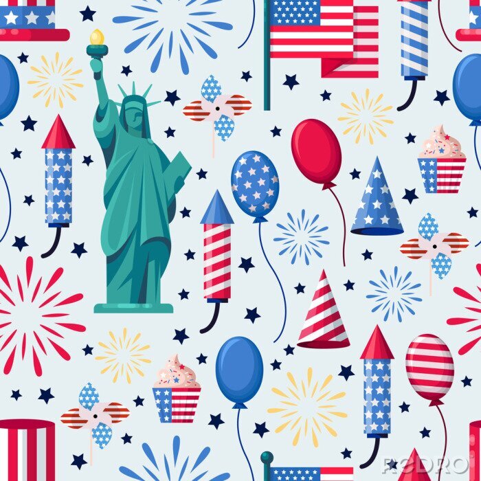 Sticker USA vakantie naadloze witte patroon. Vector achtergrond afdrukken. Amerikaanse nationale symbolen, viering Independence Day