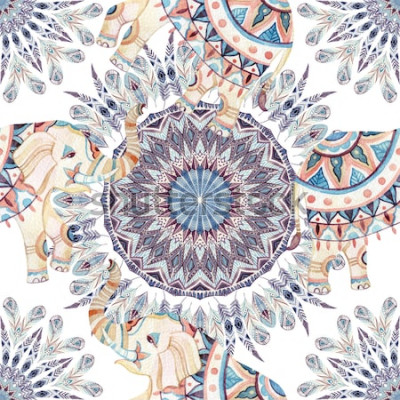 Sticker Van de waterverf etnische olifant en veer mandala achtergrond. Abstract veer mandala naadloos patroon met sierlijke Indiase olifanten op witte achtergrond. Handgeschilderde illustratie voor boho, trib